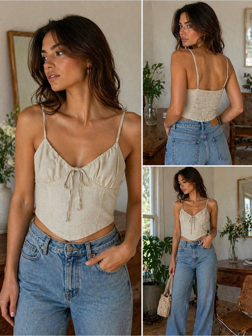 Ambiance Cream Tie-Front Smocked Back Crop Cami